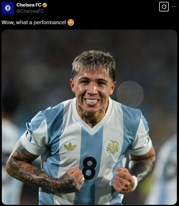 切爾西官推曬恩佐在阿根廷隊的照片：哇哦，多么出色的表現！