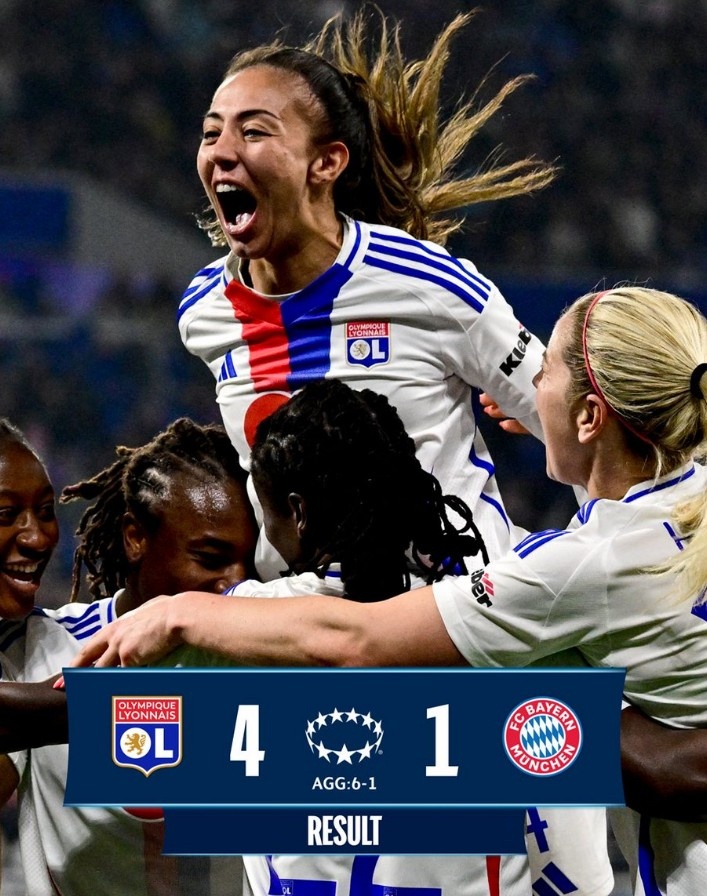 里昂女足4-1大勝拜仁女足，總比分6-1晉級女足歐冠半決賽