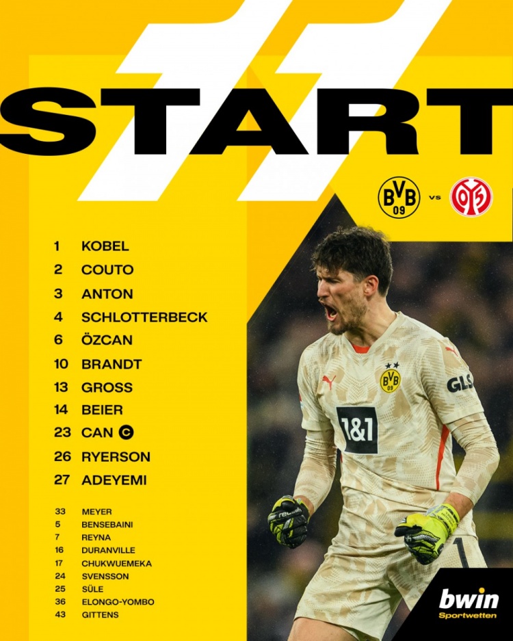 多特vs美因茨首發：阿德耶米、拜爾搭檔前鋒，布蘭特首發