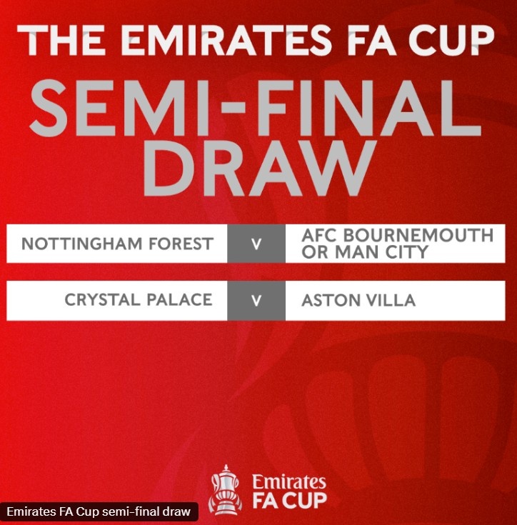 足總杯半決賽抽簽結果：曼城&伯恩茅斯勝者對森林，水晶宮vs維拉